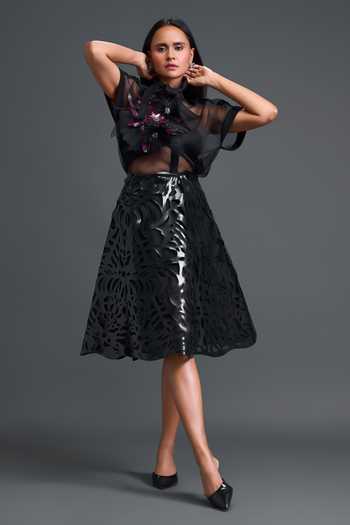Shop_Deepika Arora_Black Organza, Leather, Ponte Roma Applique Work Skirt _Online_at_Aza_Fashions