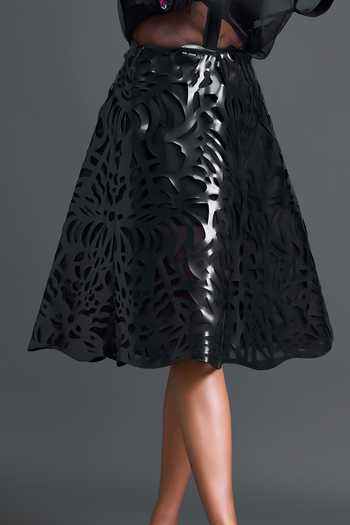 Deepika Arora_Black Organza, Leather, Ponte Roma Applique Work Skirt _at_Aza_Fashions