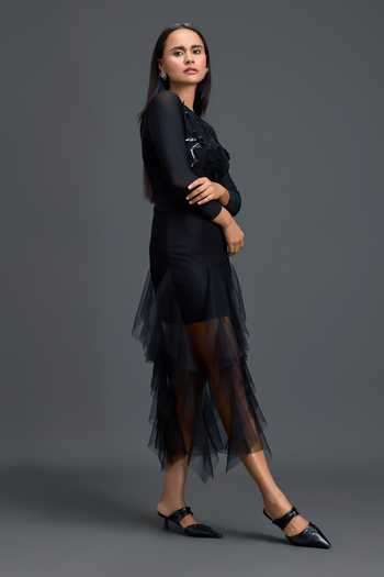 Deepika Arora_Black Net Round Neck Mesh Embroidered Top With Layered Skirt _Online_at_Aza_Fashions