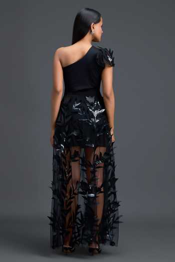Shop_Deepika Arora_Black Net, Ponte Roma One Shoulder Dress With Sheer Skirt _at_Aza_Fashions