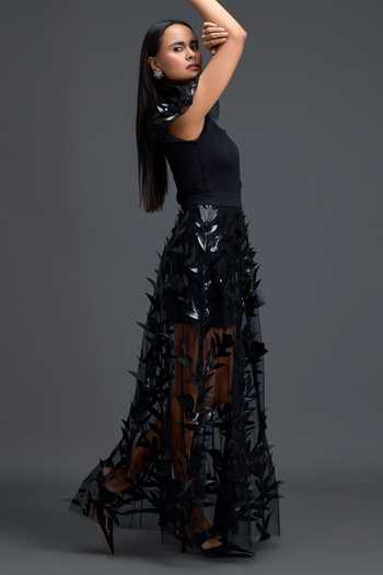 Buy_Deepika Arora_Black Net, Ponte Roma One Shoulder Dress With Sheer Skirt _Online_at_Aza_Fashions
