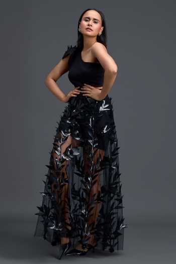 Buy_Deepika Arora_Black Net, Ponte Roma One Shoulder Dress With Sheer Skirt 