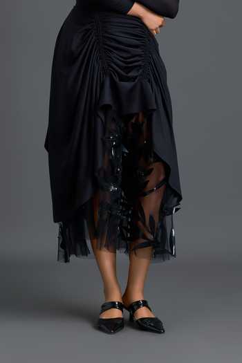 Deepika Arora_Black Net, Ponte Roma Round Neck Mesh Embroidered Top And Skirt Set _at_Aza_Fashions