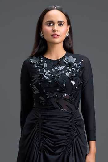 Buy_Deepika Arora_Black Net, Ponte Roma Round Neck Mesh Embroidered Top And Skirt Set 