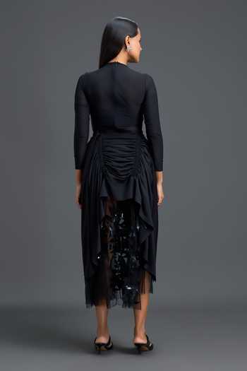 Shop_Deepika Arora_Black Ponte Roma, Net Ruched Asymmetric Skirt _at_Aza_Fashions