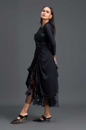 Buy_Deepika Arora_Black Ponte Roma, Net Ruched Asymmetric Skirt _Online_at_Aza_Fashions