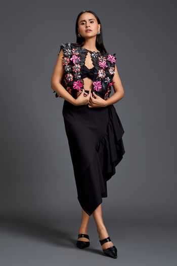Buy_Deepika Arora_Black Net Open , Bandeau Embroidered Cape Skirt Set _Online_at_Aza_Fashions