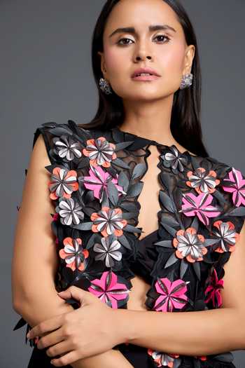 Shop_Deepika Arora_Black Net Open , Bandeau Embroidered Cape Skirt Set _Online_at_Aza_Fashions