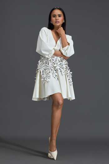 Buy_Deepika Arora_White Net V-neck V Dress And Belt Set _at_Aza_Fashions