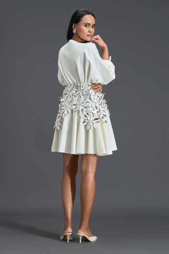 Shop_Deepika Arora_White Net V-neck V Dress And Belt Set _at_Aza_Fashions