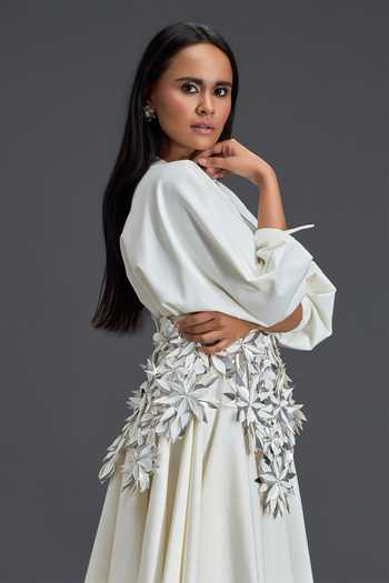 Deepika Arora_White Net V-neck V Dress And Belt Set _at_Aza_Fashions