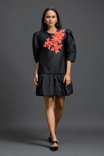 Buy_Deepika Arora_Black Taffeta Round Neck Embellished Short Dress _at_Aza_Fashions