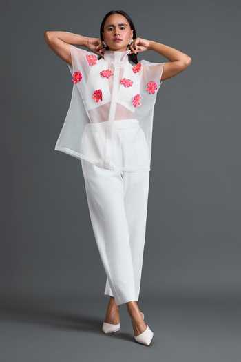 Shop_Deepika Arora_White Organza, Ponte Roma High Neck, Halter Sheer Embellished Top With Bustier _at_Aza_Fashions