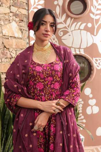 Gulabo Jaipur_Magenta Pure , Doriya, Square Neck Suhana Floral Print Anarkali Set _Online_at_Aza_Fashions