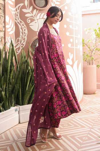 Shop_Gulabo Jaipur_Magenta Pure , Doriya, Square Neck Suhana Floral Print Anarkali Set _at_Aza_Fashions
