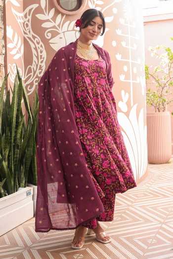 Buy_Gulabo Jaipur_Magenta Pure , Doriya, Square Neck Suhana Floral Print Anarkali Set _Online_at_Aza_Fashions