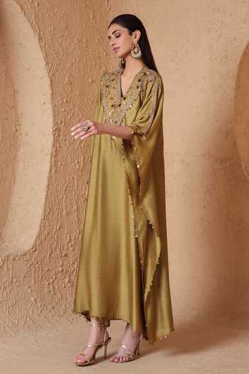 Label Niti Bothra_Olive Green Silk V-neck Zardozi Neckline Embroidered Kaftan _Online_at_Aza_Fashions