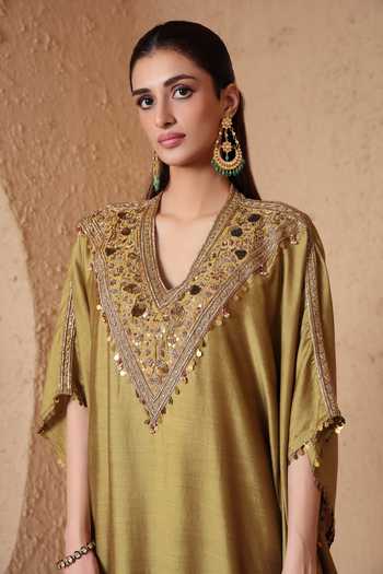 Shop_Label Niti Bothra_Olive Green Silk V-neck Zardozi Neckline Embroidered Kaftan _Online_at_Aza_Fashions