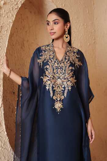Shop_Label Niti Bothra_Blue Organza V-neck Zardozi Embroidered Kaftan _Online_at_Aza_Fashions