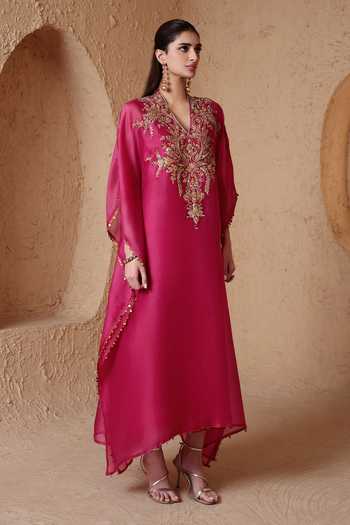 Buy_Label Niti Bothra_Pink Organza V-neck Resham Embroidered Kaftan _Online_at_Aza_Fashions