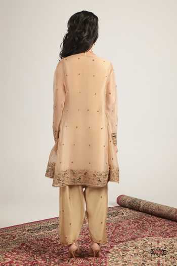 Shop_Label Niti Bothra_Ivory Silk, Organza, Tencel Split V-neck Emboridered Short Pheran Kurta Set _at_Aza_Fashions