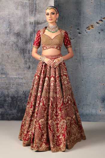 Shop_Label Niti Bothra_Maroon Silk, Organza Sweetheart Neck Floral Jaal Embroidered Bridal Lehenga Set _Online_at_Aza_Fashions