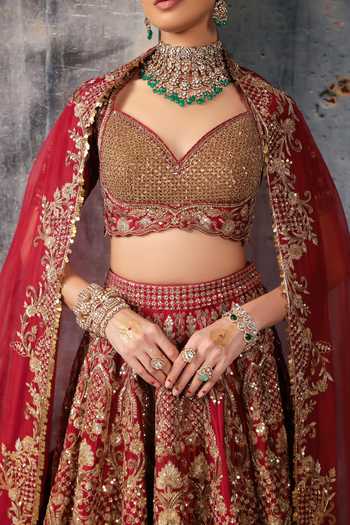 Buy_Label Niti Bothra_Maroon Silk, Organza Sweetheart Neck Floral Jaal Embroidered Bridal Lehenga Set 
