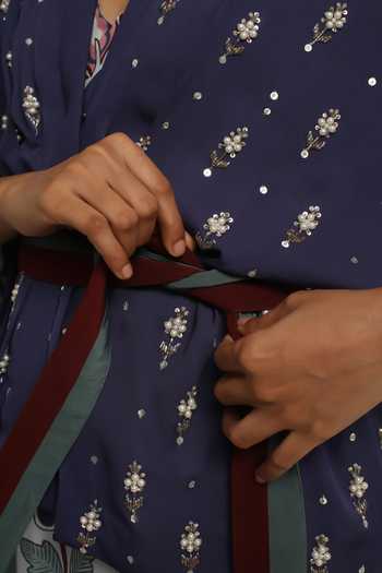 Shop_Poonam Dubey_Sky Blue Georgette V-, Shawl Eraya Belted Jacket And Dress Set _Online_at_Aza_Fashions