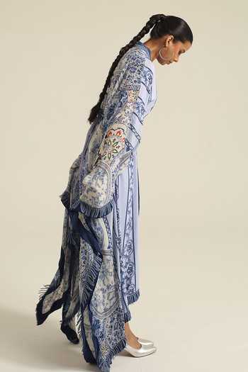Poonam Dubey_Blue Georgette V-neck Rasa Belted Kaftan Dress _Online_at_Aza_Fashions