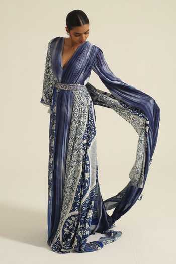 Shop_Poonam Dubey_Blue Georgette Shawl Neck Akuti Long Belted Dress _at_Aza_Fashions