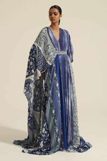 Buy_Poonam Dubey_Blue Georgette Shawl Neck Akuti Long Belted Dress _at_Aza_Fashions