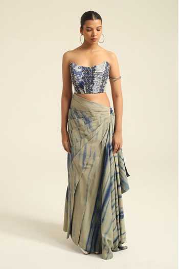 Buy_Poonam Dubey_Blue Georgette Embroidery Sweetheart Neck Adrika Corset And Draped Skirt Set _at_Aza_Fashions