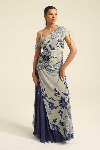 Buy_Poonam Dubey_Blue Georgette Asymmetric Neck, One Shoulder Aarna Maxi Dress _at_Aza_Fashions
