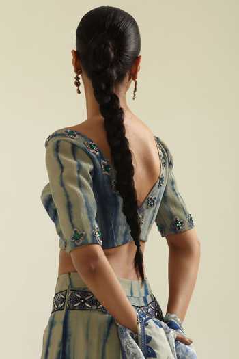Poonam Dubey_Green Georgette V-neck Amaya Tie Dye Pattern Lehenga Set _Online_at_Aza_Fashions