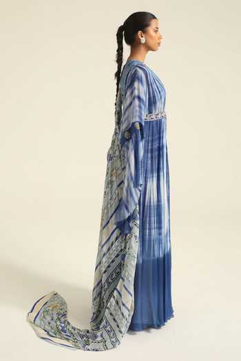Shop_Poonam Dubey_Blue Georgette V-neck Asmira Tie Dye Pattern Dress _at_Aza_Fashions