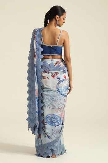Shop_Poonam Dubey_Blue Georgette Square Neck Irha Printed Pre-draped Saree With Blouse _at_Aza_Fashions