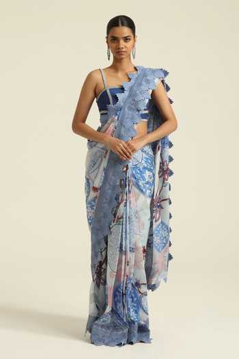 Buy_Poonam Dubey_Blue Georgette Square Neck Irha Printed Pre-draped Saree With Blouse _at_Aza_Fashions