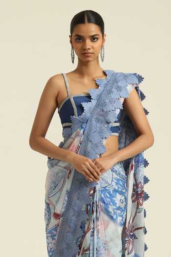 Poonam Dubey_Blue Georgette Square Neck Irha Printed Pre-draped Saree With Blouse _Online_at_Aza_Fashions