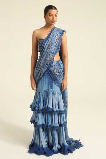 Buy_Poonam Dubey_Blue Georgette Halter Neck Anaiza Tiered Ruffle Saree Set _at_Aza_Fashions