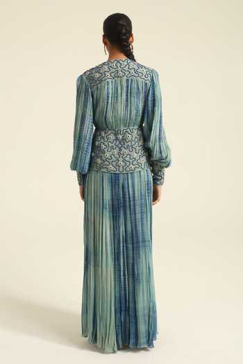 Shop_Poonam Dubey_Blue Georgette V-neck Dilara Embroidered Jacket And Dress Set _at_Aza_Fashions