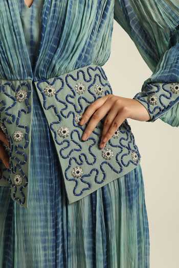 Shop_Poonam Dubey_Blue Georgette V-neck Dilara Embroidered Jacket And Dress Set _Online_at_Aza_Fashions