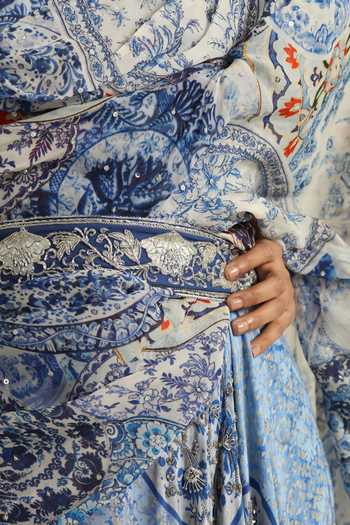 Shop_Poonam Dubey_Blue Georgette V-neck Anura Printed Draped Dress With Belt _Online_at_Aza_Fashions