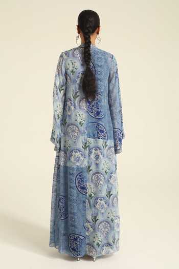 Shop_Poonam Dubey_Blue Organza, Georgette Open Neck, Dakshi Floral Print Jacket Pant Set _at_Aza_Fashions