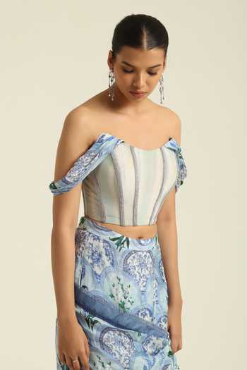 Poonam Dubey_Blue Georgette Sweetheart Neck Emara Printed Pre-draped Saree With Blouse _Online_at_Aza_Fashions
