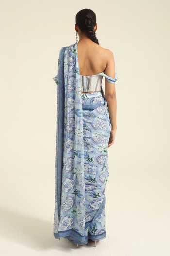 Shop_Poonam Dubey_Blue Georgette Sweetheart Neck Emara Printed Pre-draped Saree With Blouse _at_Aza_Fashions