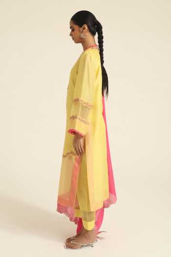 Poonam Dubey_Yellow Organza, Georgette, Chanderi V-neck Nyra Embroidered Kurta Set _Online_at_Aza_Fashions
