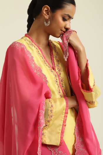 Shop_Poonam Dubey_Yellow Organza, Georgette, Chanderi V-neck Nyra Embroidered Kurta Set _Online_at_Aza_Fashions