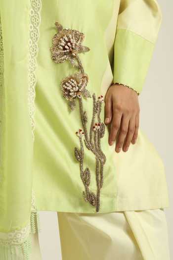 Buy_Poonam Dubey_Green Organza, Georgette, Chanderi Split Nurvi Placement Embroidered Kurta Set 