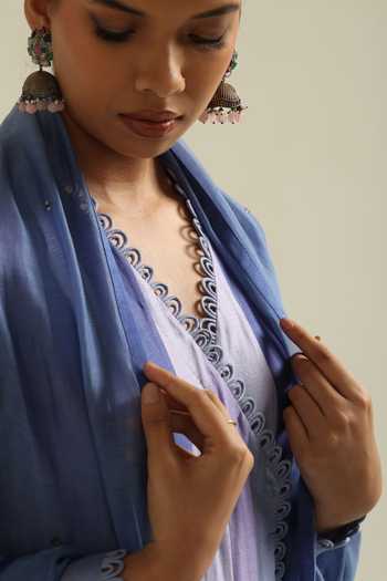 Buy_Poonam Dubey_Blue Chanderi V-neck Venya Embroidered Anarkali Pant Set _Online_at_Aza_Fashions