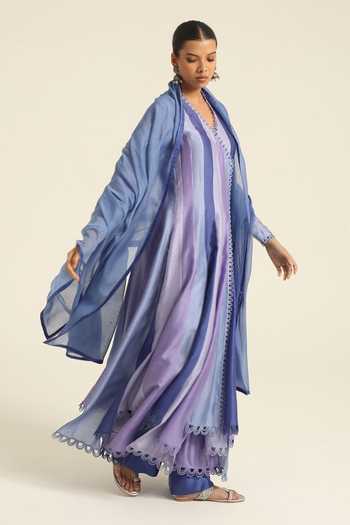 Shop_Poonam Dubey_Blue Chanderi V-neck Venya Embroidered Anarkali Pant Set _at_Aza_Fashions